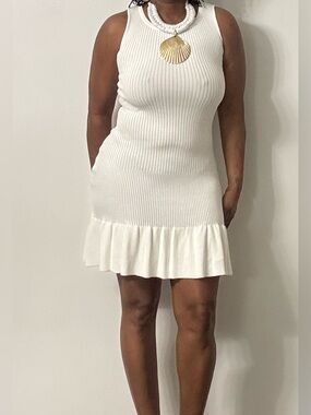 Nordstrom White Ribbed Sleeveless Mini Dress with Ruffle Hem